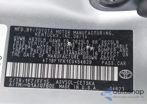 2014 Toyota Camry Se Sport из США, поврежденный, VIN 4T1BF1FK1EU454839